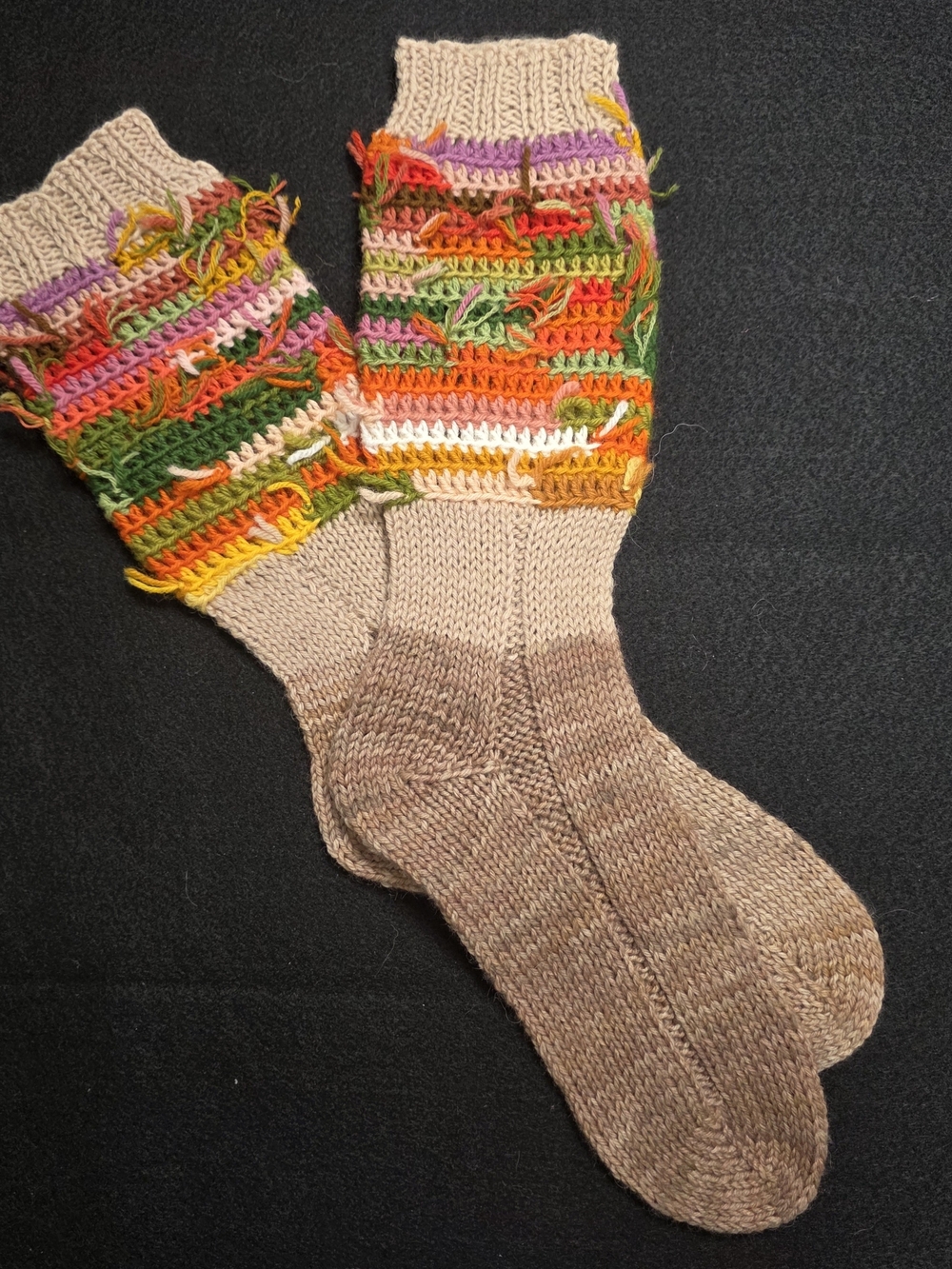 Beige Knit Socks with Colorful Multicolor Cuff